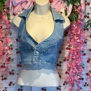 Fashion Nova Light Blue Denim Halter Crop Top with Button Front